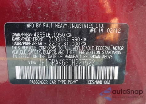 2012 Subaru Impreza 2.0I Limited z USA, uszkodzony, nr VIN JF1GPAK65CH227522